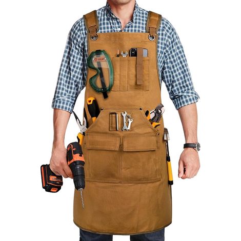 Tablier de travail du bois pour homme de 567 g avec 9 poches à outils, tablier en toile cirée robuste, Tablier de Menuisier pour Homme Réglable de S à XXXL, Parfait pour Forgeron, Mecanicien, Atelier