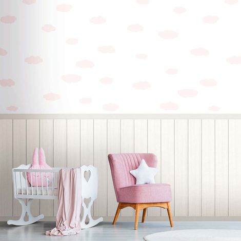 Papier peint pour chambre de fille avec nuages blancs et roses Papier peint en Vlies avec effet lambris pour chambre de bébé, effet bois (1/4)