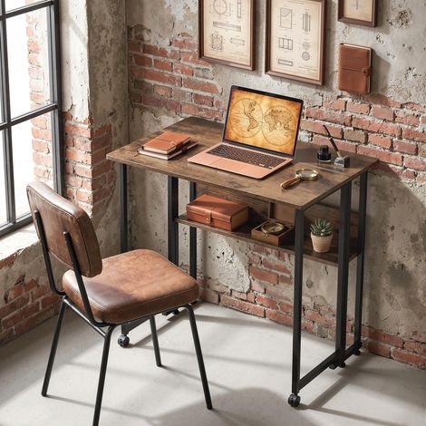 Table pliante avec compartiment de rangement, table pliante de 80 cm pour petits espaces, bureau, brun rustique (1/5)