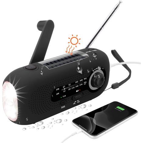 Radio Solaire Portable,Radio Dynamo,Solaire Radio avec Alarme SOS pour Les urgences,Petite Radio,étanche IPX3 Radio,Radio à manivelle AM/FM,Lampe Poche2000mAh Batterie(Le Noir) (1/5)