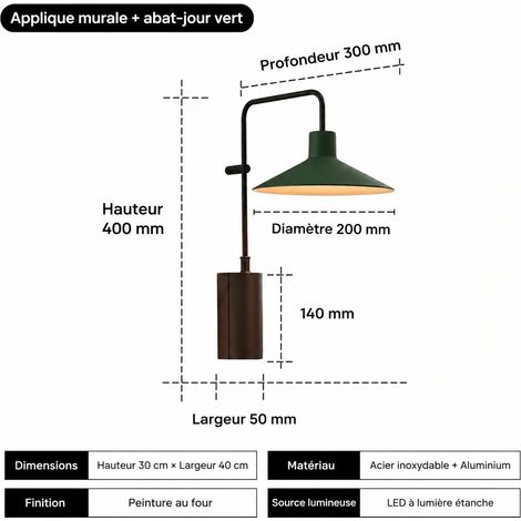 Applique murale étanche café abat-jour vert LED lumière chaude 3000K extérieur aluminium 51 × 35 × 25 cm 4 kg – Livraison gratuite