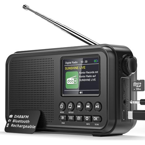 Radio Numérique DAB/FM avec Bluetooth,Batterie Rechargeable de 3000mAh,Prise en Charge des Cartes TF de 64Go, Type-C, Prise Casque, 40 Stations FM et 40 DAB Préréglées, Modes EQ, Double Alarme (1/5)