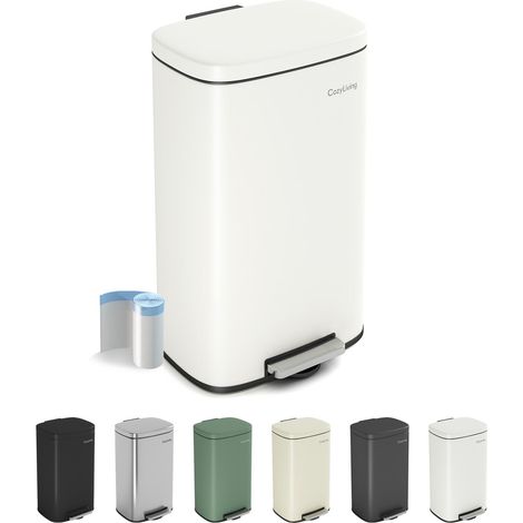 Pedal Kitchen Bin with Soft Close Lid, Step-On Trash Can with Inner Bucket 30L WHITE