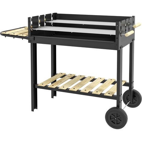 Freistehender Holzkohlegrill mit doppelt verstellbarem Grillrost, 2 Rädern und 2 Ablagen, 113 x 53,5 x 82,5 cm, schwarz
