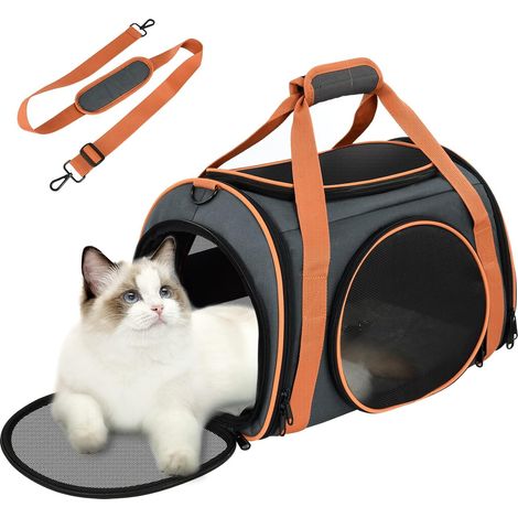 Katzentransporttasche, atmungsaktive und faltbare Katzentransportbox, Katzentransportkäfig mit großem Platz, Katzentransporttasche mit abnehmbarer Plüschmatratzenöffnung, Katzentransportkorb