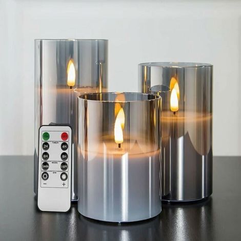 Realistic LED Candles in Silver Grey Glass with Remote Control – Pack of 3 – Height 4/5/6 inches – Flameless Flickering Effect (1/4)
