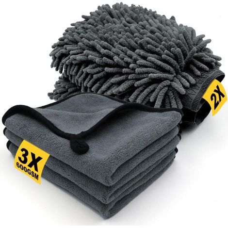 Set di 5 panni per la cura dell'auto, di cui 3 in microfibra e 2 panni lavabili, 600 g/m², antigraffio, per asciugatura e lucidatura. (1/5)