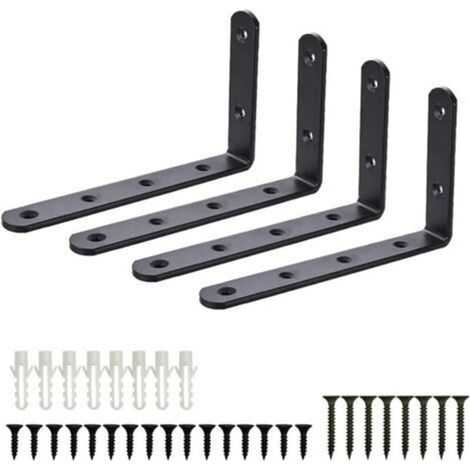 Équerres de Fixation, 4pcs Supports Angulaires Équerre Support Garage Mural en Acier Inoxydable Étagère, Equerre Murale Noir en Forme de L, DIY Industriel pour Meubles Décoration Connexion avec Vis