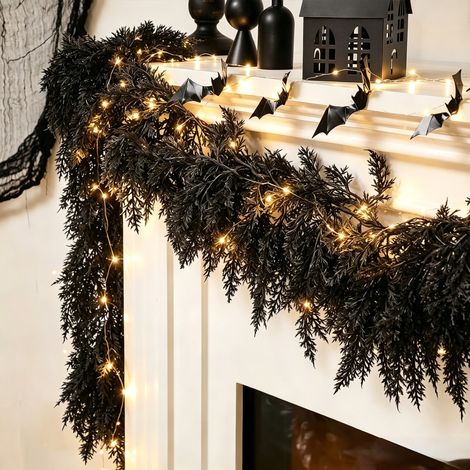 Guirlande Artificielle de Cèdre Noir 270 cm avec Guirlande Lumineuse LED, Guirlande de Pin Réaliste pour Halloween, Décoration de Cheminée, Manteau de Cheminée, Porte, Escalier et Maison (1/5)