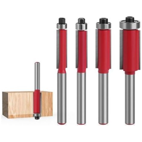 Un ensemble de 4 fraises, adaptées aux fraiseuses, aux fraiseuses à métaux et au travail du bois, fraises à affleurer à queue de 1/4 de pouce avec roulement supérieur (1/5)