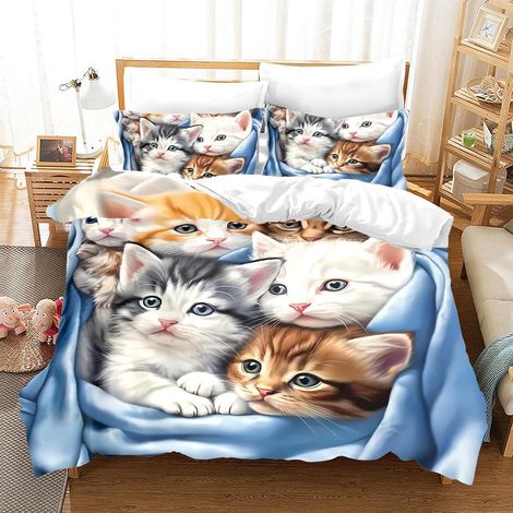 Bettwäsche-Set 135x200cm mit Katzenmotiv, 3D-Druck, Mikrofaser, 3-teilig