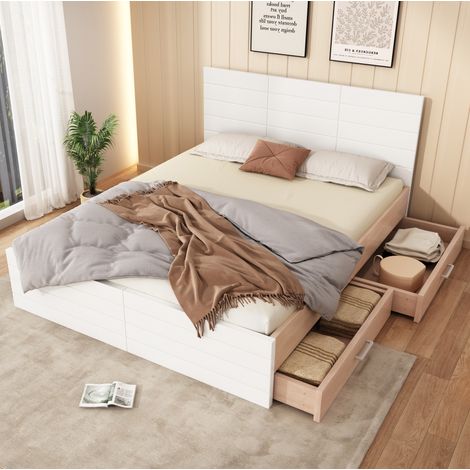 FLORAGRACE Lit adulte 140 x 200 cm en bois blanc avec 2 tiroirs, sommier à lattes inclus (1/5)