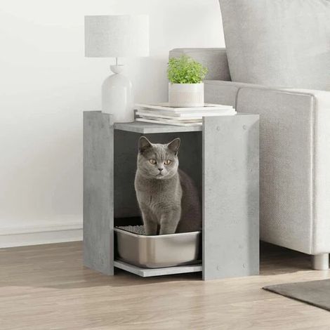 Meuble pour bac à litière pour chat en bois composite et béton gris