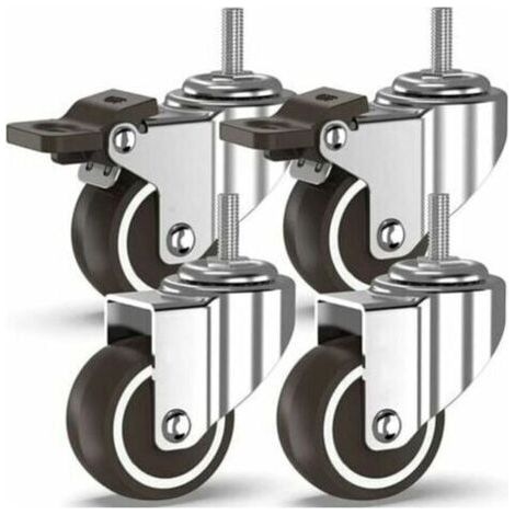 Roulettes pivotantes de 50 mm avec 4 tiges filetées, roulettes pour meubles, roues avec freins, pour le transport industriel de tôles (avec tiges M10, 2 avec freins, 2 sans freins). (1/4)