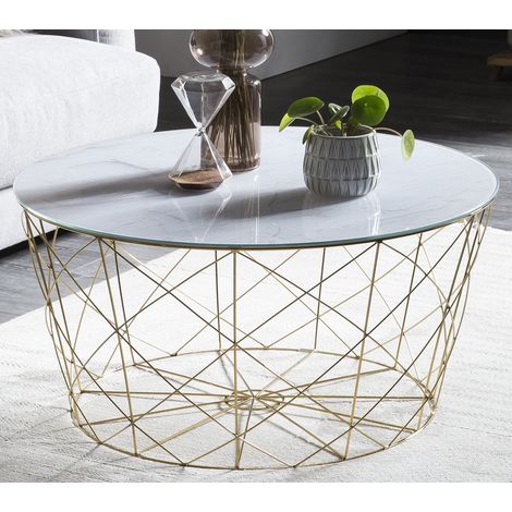 Table basse ronde avec panier de rangement en métal doré et plateau effet marbre blanc Ø 80 cm - PANGIVO (1/5)