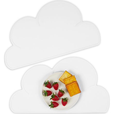 Relaxdays Manteles Individuales Infantiles, Set de 2, Nube, Antideslizantes, Lavables, 47,5 x 26,5 cm, Blanco