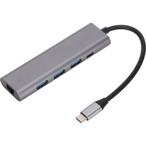 5-in-1 Dockingstation mit USB-C-Anschluss auf USB 3.0, RJ45-Anschluss und PD-Technologie für schnelle Wärmeableitung und Erweiterungshub