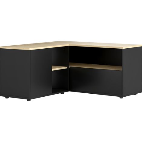 Meuble TV d'angle pour téléviseur jusqu'à 40 pouces, 2 armoires et 3 étagères, dimensions 90 x 90 x 45 cm, chêne et noir (1/5)