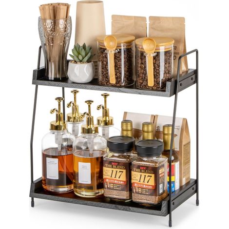 Organisateur de Café, Etagere Plan de Travail Cuisine en Bois, Coin Cafe Rangement, Organisateur Plan de Travail, Etagere Rangement pour Cuisine, Maison, Bureau - Noir (1/5)