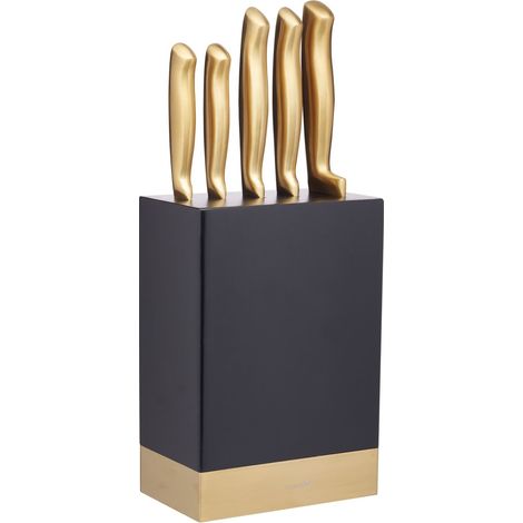 KitchenCraft MasterClass Set di coltelli in acciaio inox color ottone e ceppo per coltelli, ottone/nero, 5 pezzi (1/5)