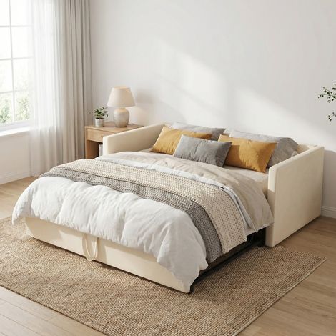 Lit Banquette Gigogne Extensible 90 à 180x200 cm - Canapé-Lit 2 Places en Velours - Sommier à Lattes - Beige(90x200/180x200cm)