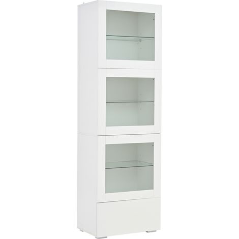 Vitrine haute 60 x 40 x 173 cm blanche avec LED, 3 portes acryliques, 1 tiroir, MDF et verre (1/5)