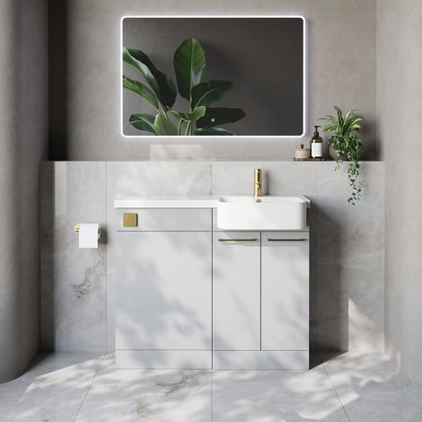 Napoli 250 Gloss Grey Pearl 1000mm 2 Door Vanity Unit Toilet Suite with Right Hand Round Rico Semi Recessed Basin - 1000mm - Brushed Brass 160mm HandleWithout Kingston Toilet Pan
