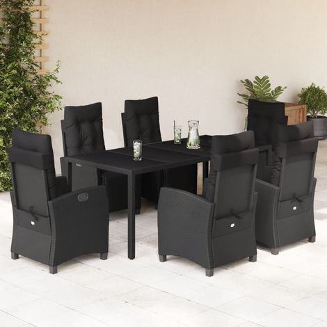 7-tlg. Garten-Essgruppe mit Kissen Schwarz Poly Rattan
