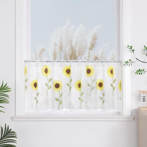 CCYKXARideau Cuisine Transparent à Motif Floral Tournesol Style Champêtre Brise-Bise Court pour Cuisine,Décoration Intérieure Blanc HxL 50x80cm (1/5)