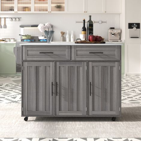 Îlot central cuisine avec rangement, desserte cuisine mobile avec table rabattable, meuble cuisine à tiroirs et étagères réglables, chariot de service sur roulettes effet marbre blanc gris kaki (1/5)