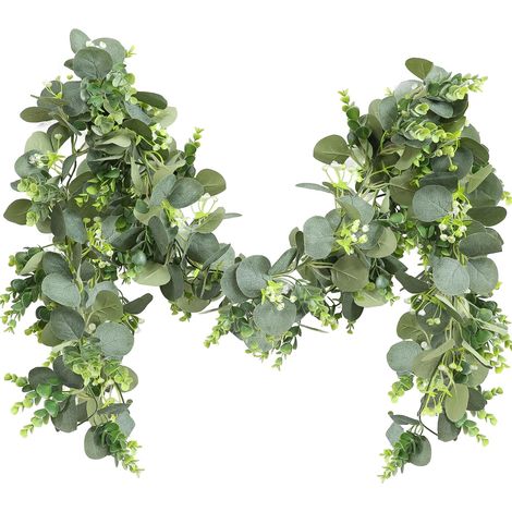 Guirlande de 2 branches d'eucalyptus artificiel de 1,80 m avec fleurs, décoration végétale pour le printemps et l'été, idéale pour la table, la maison, les mariages et les fêtes.