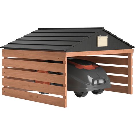 Mähroboter Garage Holz Überdachung mit Satteldach wetterfest Garage für Rasenmäher Unterstand 79 x 74 x 54 cm Rotbraun
