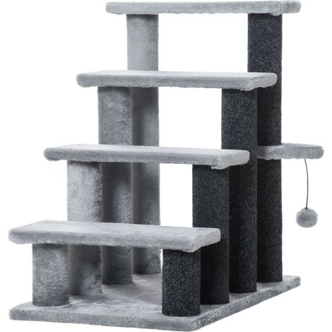 Rascador para gatos de 64 cm con 4 niveles, plataforma y pelota, gris, chipboard, yute y felpa (1/5)