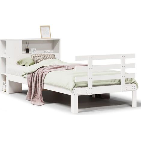 Lit simple  Lit adulte  Lit bibliothèque sans matelas blanc 75x190cm bois de pin massif