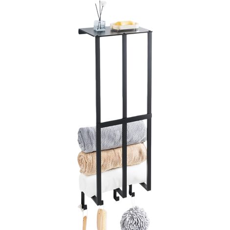 Porte-Serviettes Mural Vertical Noir Mat avec Étagère et 4 Crochets - Rangement Salle de Bain Gain de Place en Acier Inoxydable (Idéal Serviettes Roulées) (1/5)