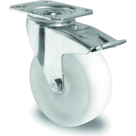 Rueda industrial 80 mm PVC blanca con placa y freno