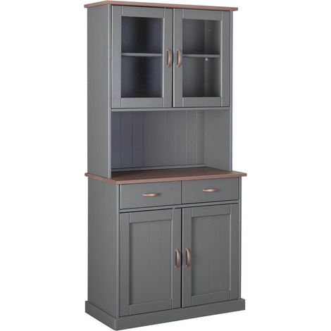 Altobuy – Buffet vaisselier 4 portes 2 tiroirs en pin massif – Finition vernis gris – Dimensions 90 x 45 x H191 cm – Poignées en métal cuivré