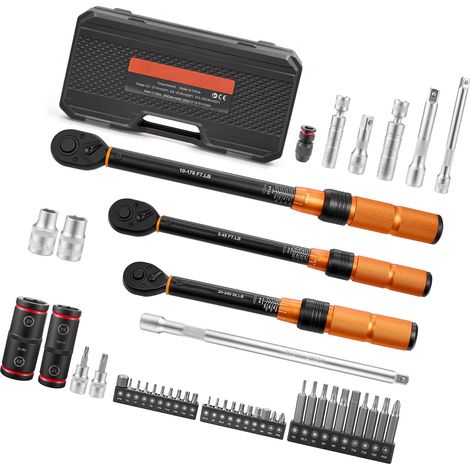 Mophorn Jeu de clé dynamométrique à cliquet 47 pièces avec entraînement 1/4", 3/8" et 1/2", double échelle, précision ±3 %,inclus douilles pour bougies, embouts, rallonges et coffret de rangement (1/5)