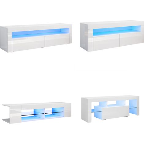 SONNI TV Board Weiß mit LED Beleuchtung TV Schrank Hochglanz Lowboard 155 x 40 x 45 cm mit 2 Klapptüren