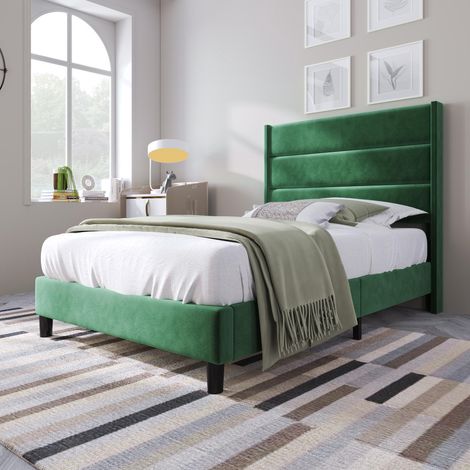 Lit rembourré 90x200cm, cadre de lit avec sommier à lattes et tête de lit, lit double rembourré, revêtement en velours vert foncé, design moderne intemporel, lit enfant, garantie 2 ans (1/5)