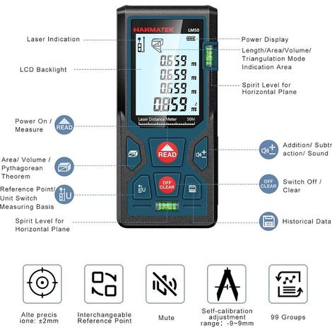 Télémètre Laser Numérique,LM50 50m Mètre laser numérique,Mesure du théorème de longueur/Zone/Volume/Théorème de Pythagore avec Rétroéclairage LCD, IP54 (1/5)