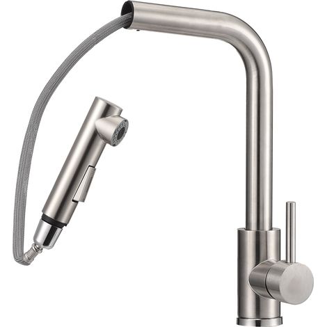 Mitigeur Cuisine Extractible Robinet de Cuisine avec Douchette 2 Jets Pivotant à 360° Acier Inox 304 Moderne Argent Brossé (1/5)