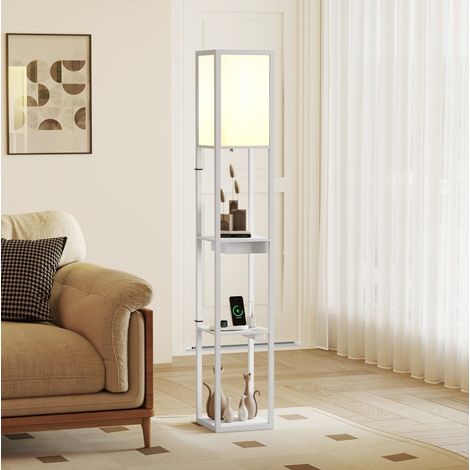 Lampada da terra con scaffale a 3 livelli, USB-A e USB-C, E27, bianca HAVRYA (1/5)