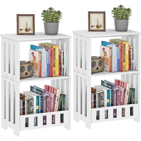 Table de chevet moderne blanche, table de nuit, table d'appoint, rangement à 2 niveaux, support pour plantes, bois et plastique, lot de 2 petites tables d'appoint (1/5)