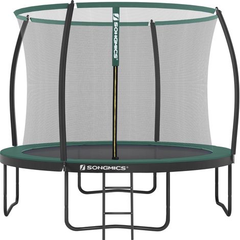 Songmics – Trampoline pour enfants 305 cm – Filet de sécurité – Poteau incurvé 180 cm – Coussins de protection – Cadre en acier galvanisé noir et vert