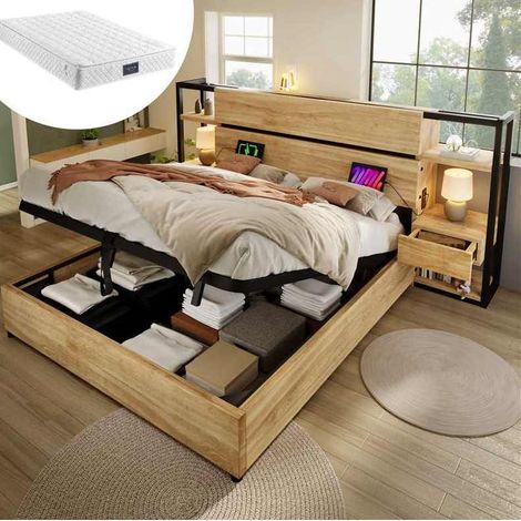 Letto matrimoniale 160x200 cm in MDF rovere con contenitore, USB e materasso – MEUBLIV (1/5)