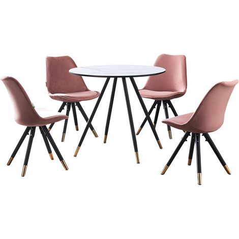 Dorchester LUX Sofia Dining Set - a White Wooden Dining Table and Set of 4 Pink Vevet Dining Chairs - Dining Room Kitchen