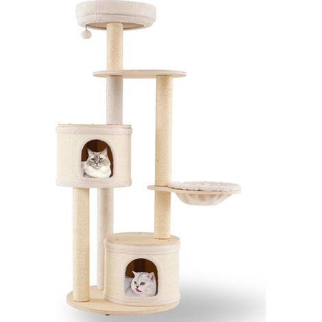 Arbre à chat en bois avec 2 niches, poteaux en sisal, coussin lavable et balle avec clochette pour maison et appartement (1/5)