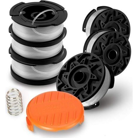 6er-Pack A6485 A6481 Spulen für Black Decker Fadentrimmer, 6 x 9 m Nylonschnur, 1,65 mm Schnur + 1 Kappe + 1 Feder – (1/4)