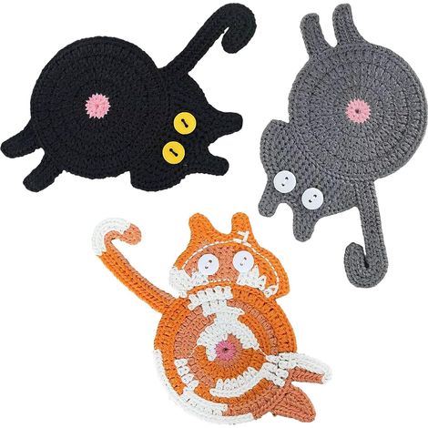 Set di sottobicchieri da caffè con motivo gatto (3 pezzi), sottobicchieri intrecciati con motivo gatto, simpatici sottobicchieri da scrivania fatti a mano per la casa. (1/5)
